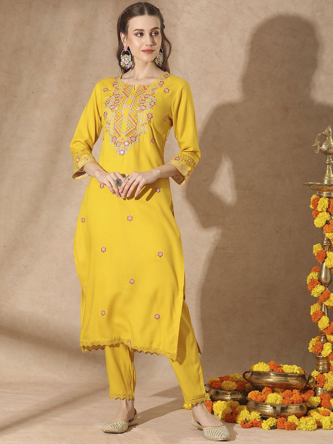 

FASHOR Yellow Floral Embroidered Thread Work Straight Kurta With Trouser