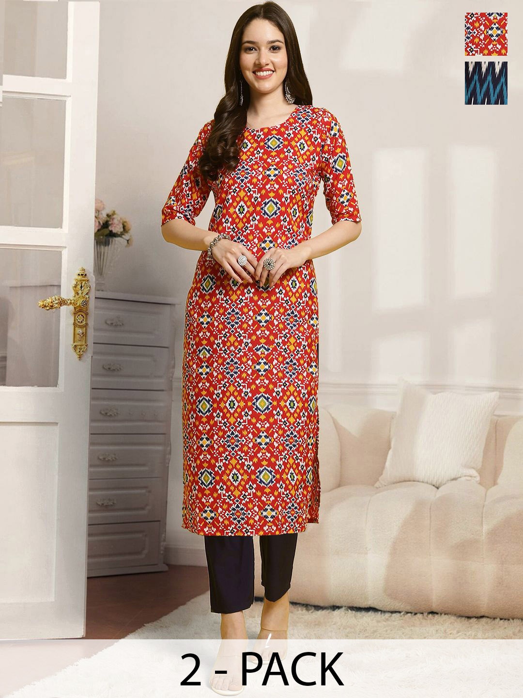 

7Threads Selection Of 2 Ethnic Motifs Printed Straight Kurtas With Trousers, Red