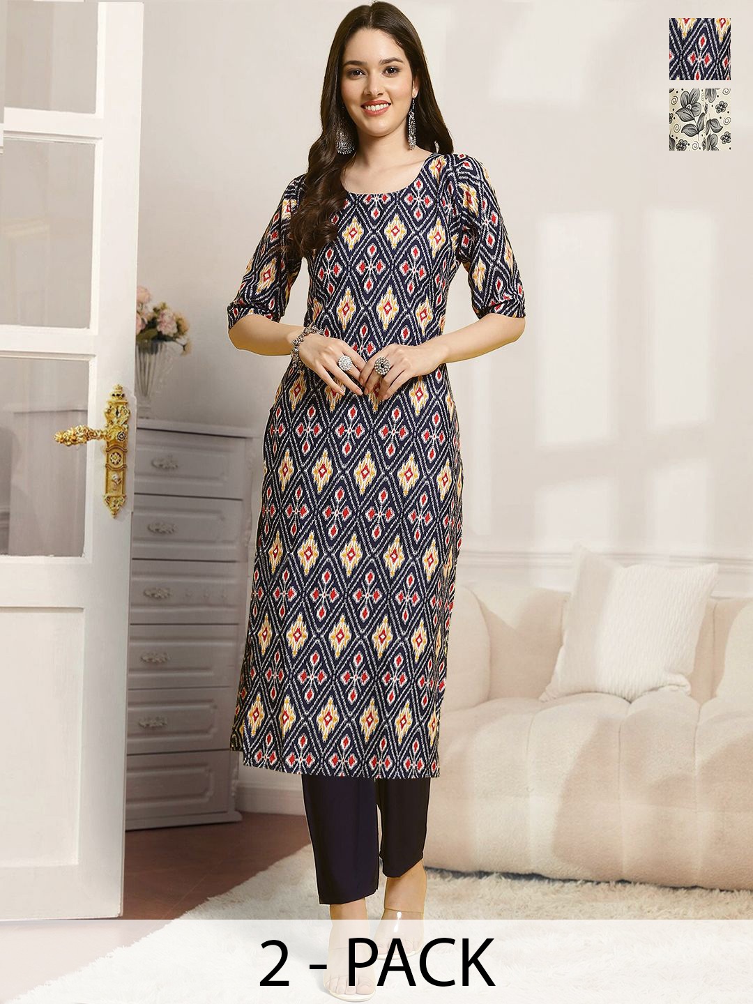 

7Threads Selection Of 2 Geometric Printed Round Neck Straight Kurta With Trousers, Black