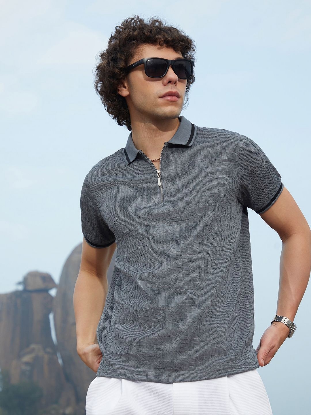 

Campus Sutra Men Self Design Polo Collar Cotton T-shirt, Grey