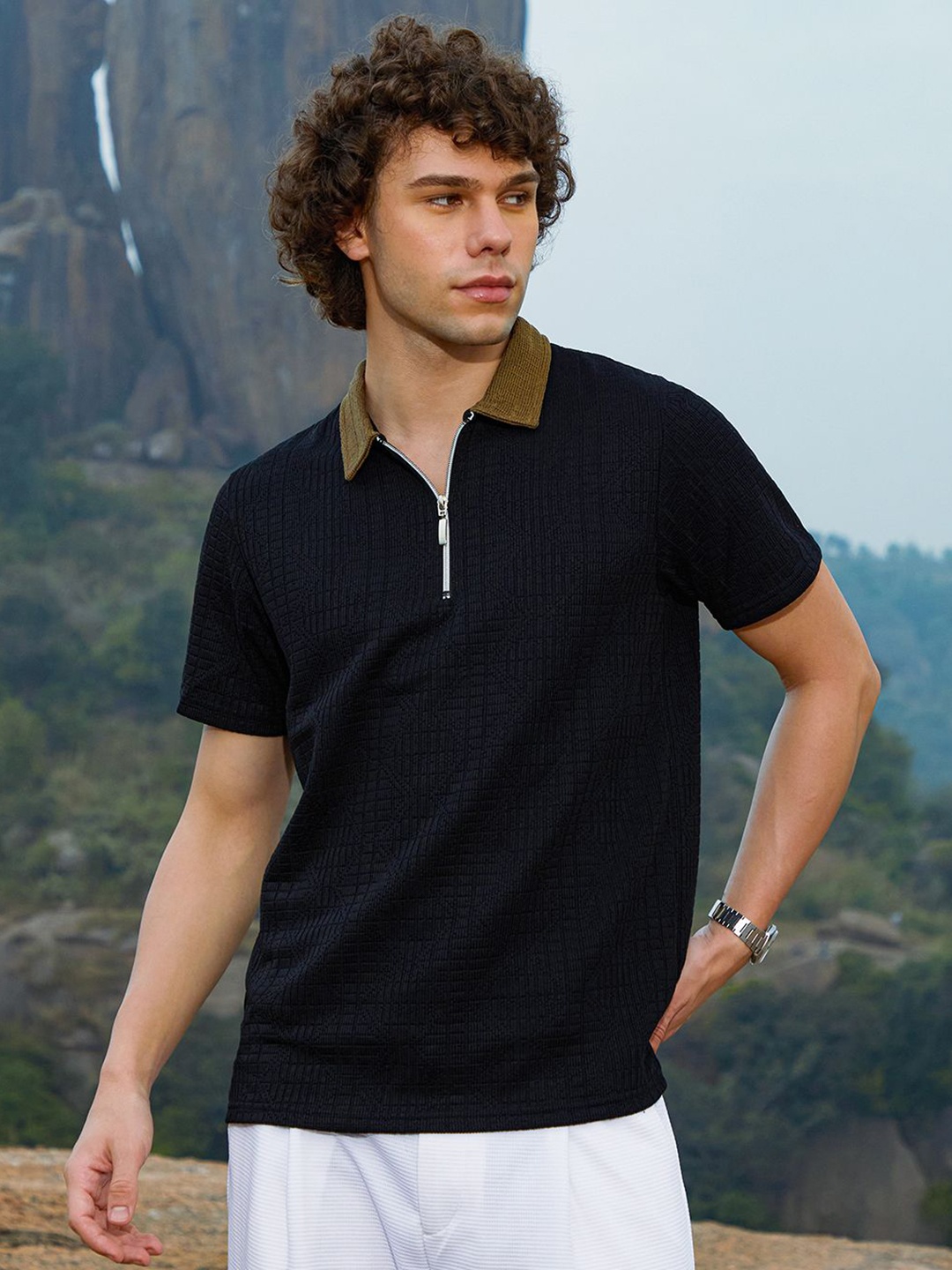

Campus Sutra Men Self Design Polo Collar Cotton T-shirt, Navy blue