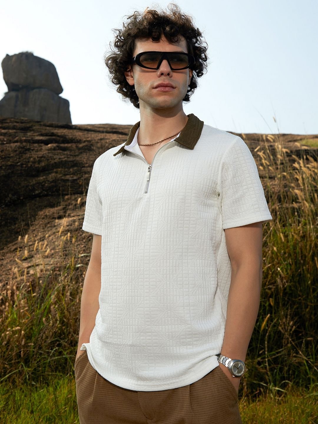 

Campus Sutra Men Self Design Polo Collar Cotton T-shirt, White