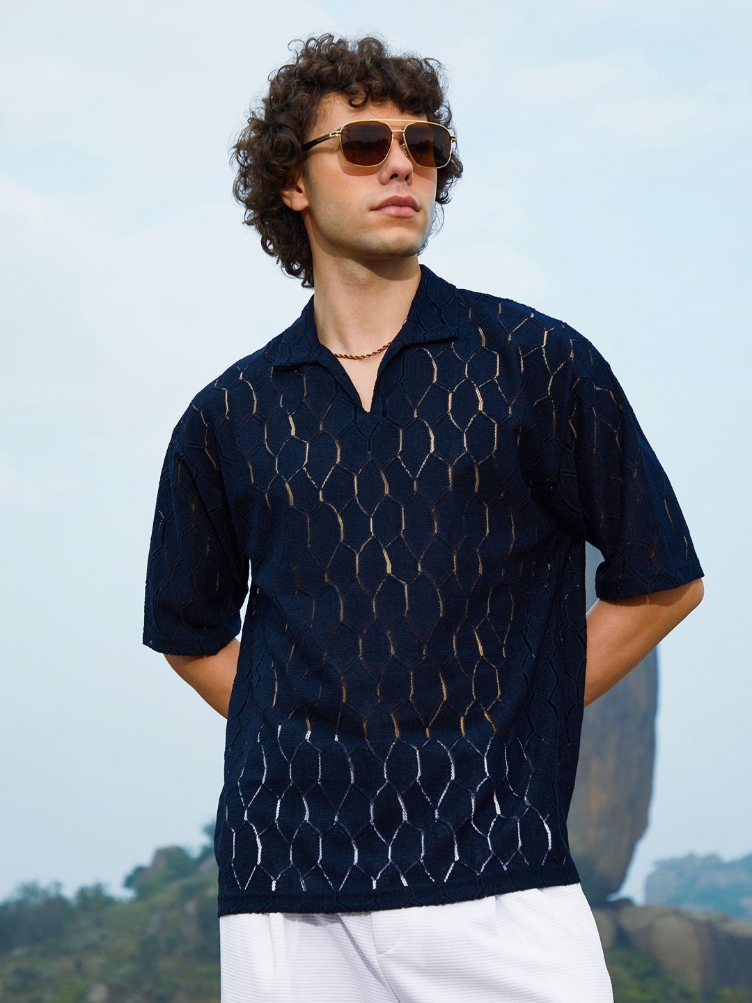 

Campus Sutra Men Self Design Polo Collar Cotton T-shirt, Navy blue