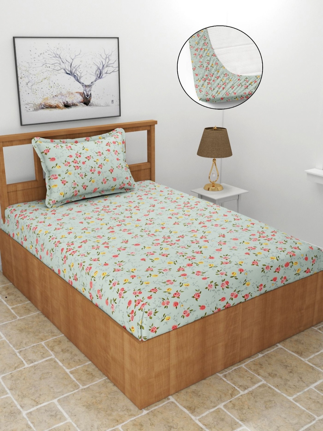 

BREVARD Green Floral Printed Cotton 210 TC Fitted Single Bedsheet Set 1.82 m x 91.4 cm