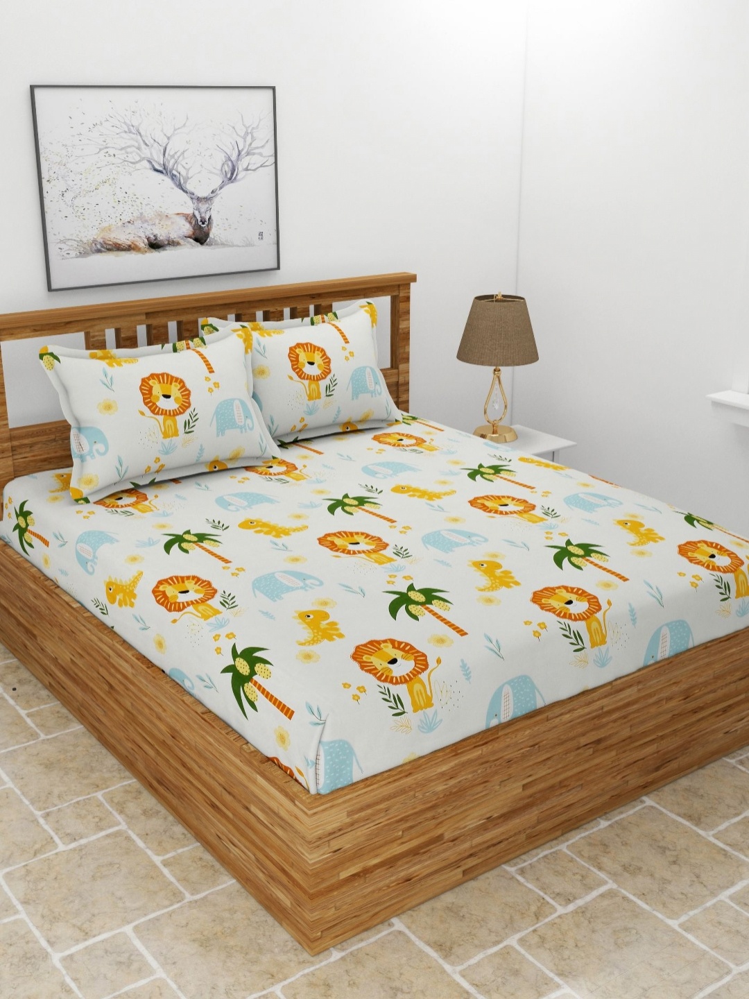 

BREVARD Cream-Coloured Printed Cotton 210 TC Queen Bedsheet Set 2.54 m x 2.28 m