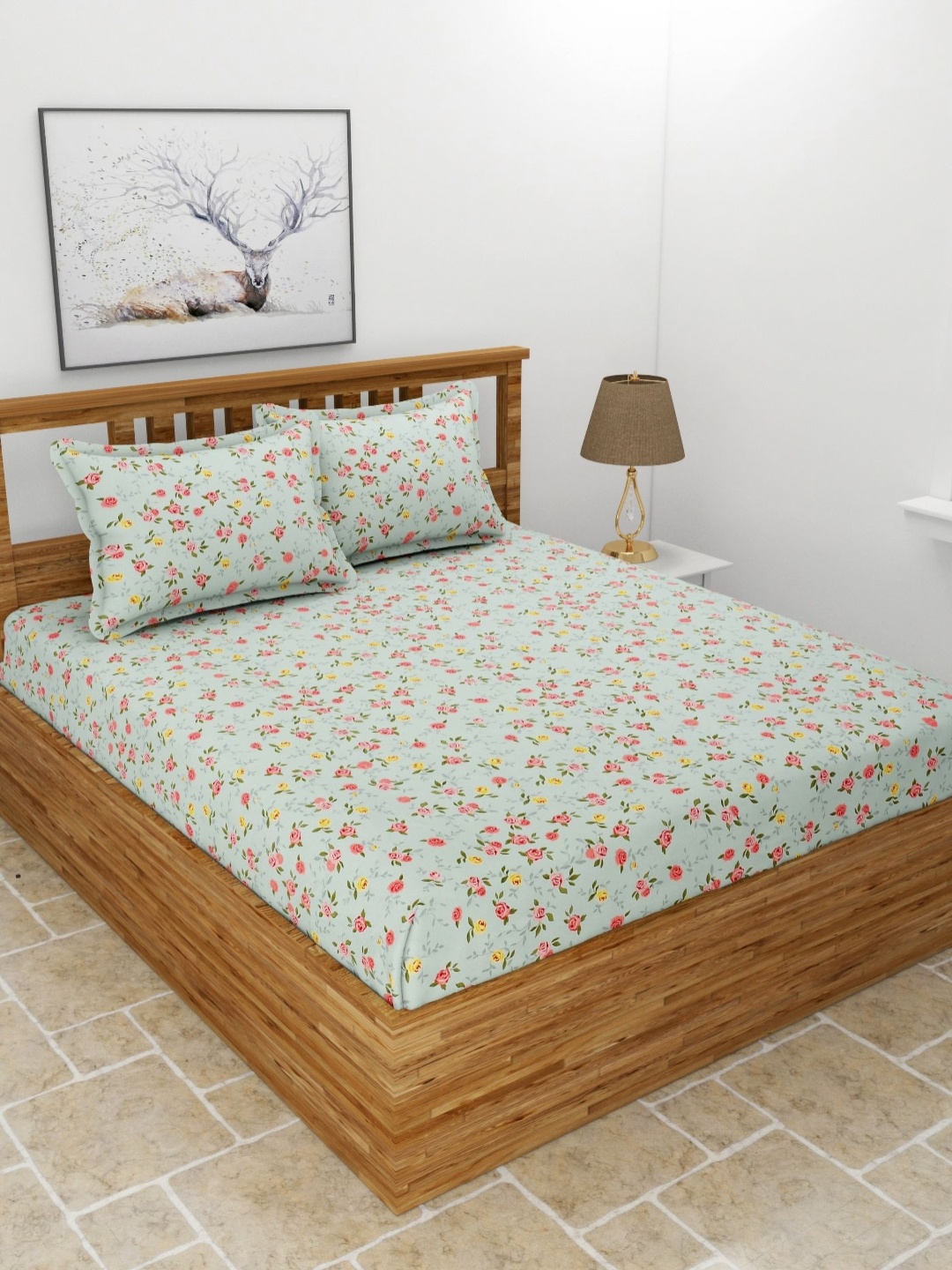 BREVARD Green Printed Cotton 210 TC Queen Bedsheet Set 2.54 m x 2.28 m