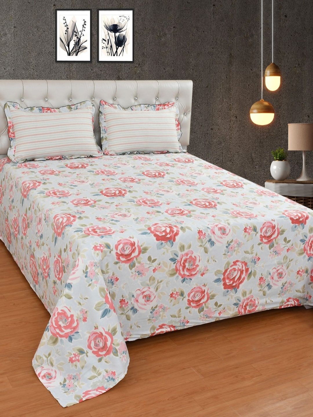 

BREVARD Blue Floral Printed Cotton 210 TC King Bedsheet Set 2.74 m x 2.74 m
