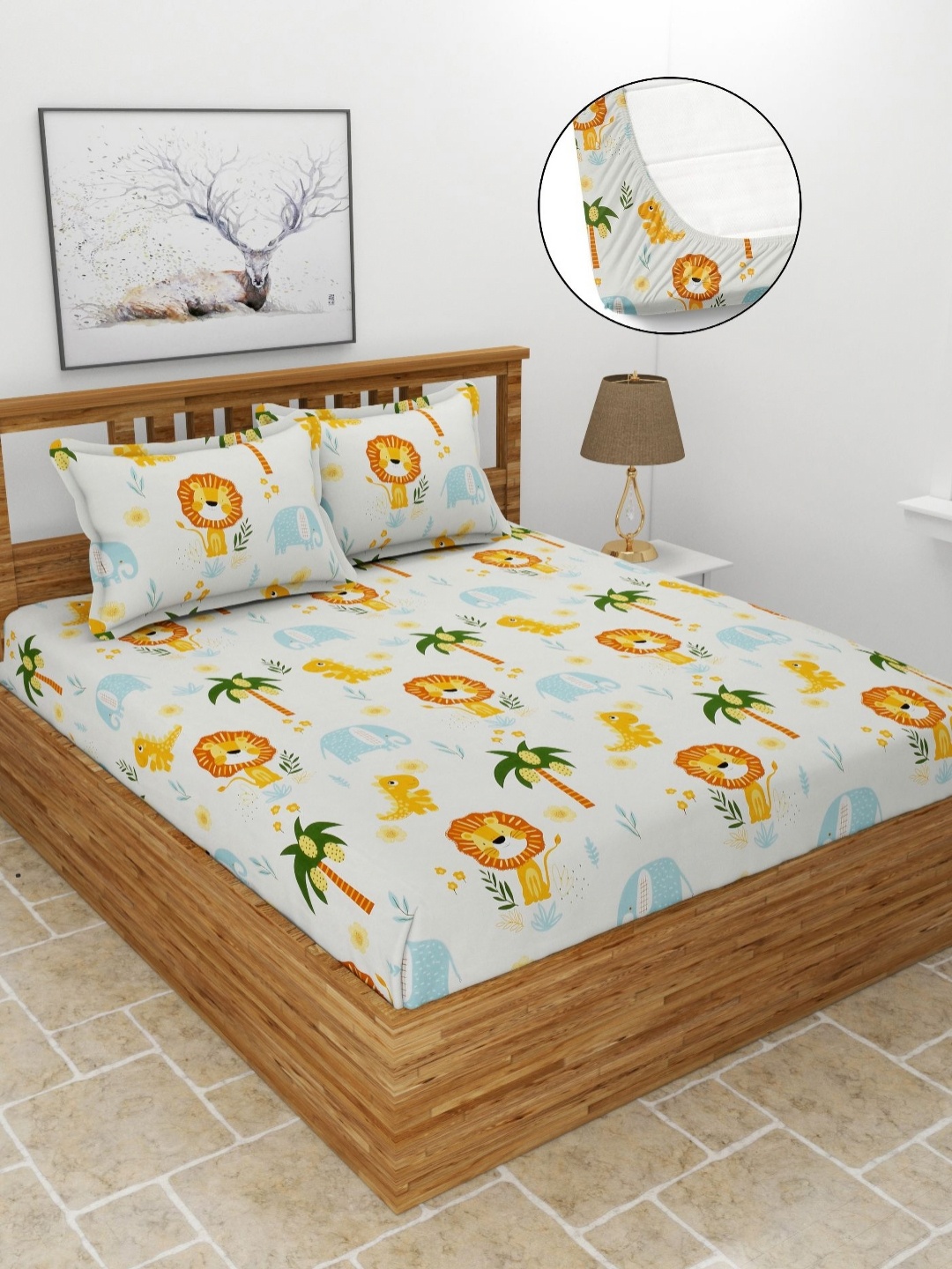

BREVARD Cream-Coloured Printed Cotton 210 TC Queen Bedsheet Set 1.98 m x 1.82 m