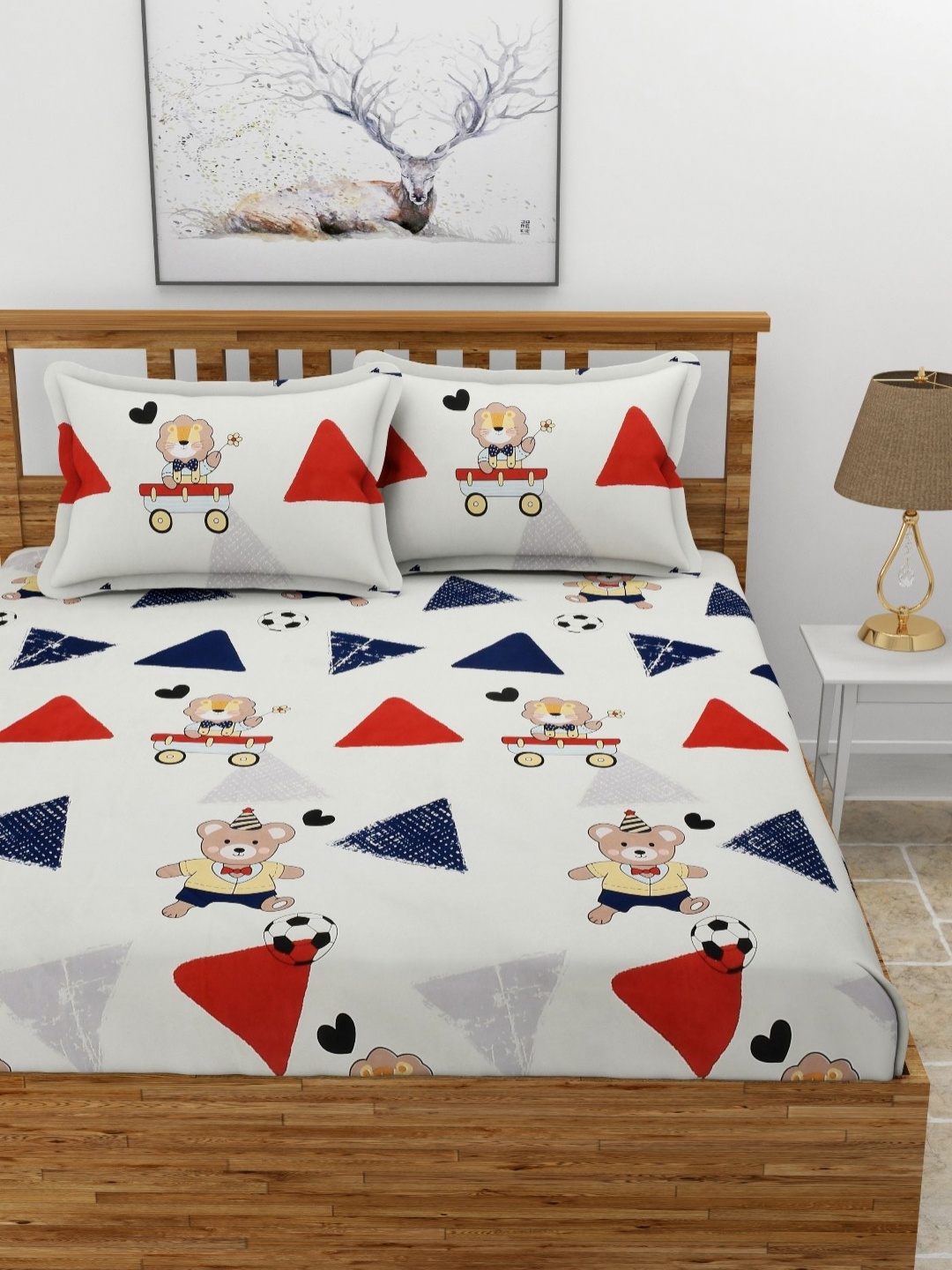 BREVARD Red & Blue Printed Cotton 210 TC Queen Bedsheet Set 2.54 m x 2.28 m