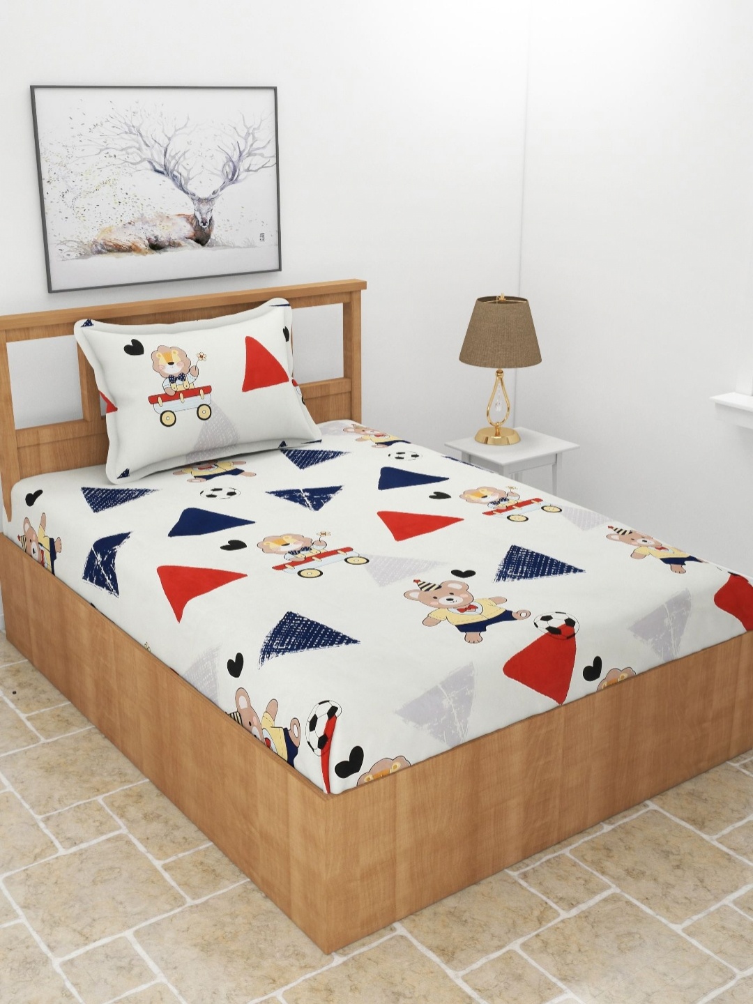 

BREVARD Red Geometric Printed Cotton 210 TC Single Bedsheet Set 1.82 m x 91.4 cm