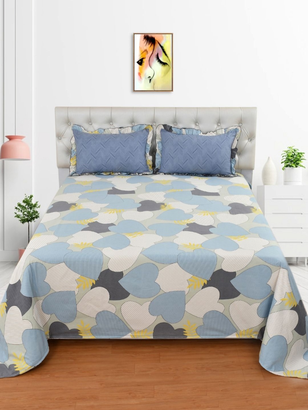 

BREVARD Cream-Coloured Printed Cotton 210 TC King Bedsheet Set 2.54 m x 2.28 m