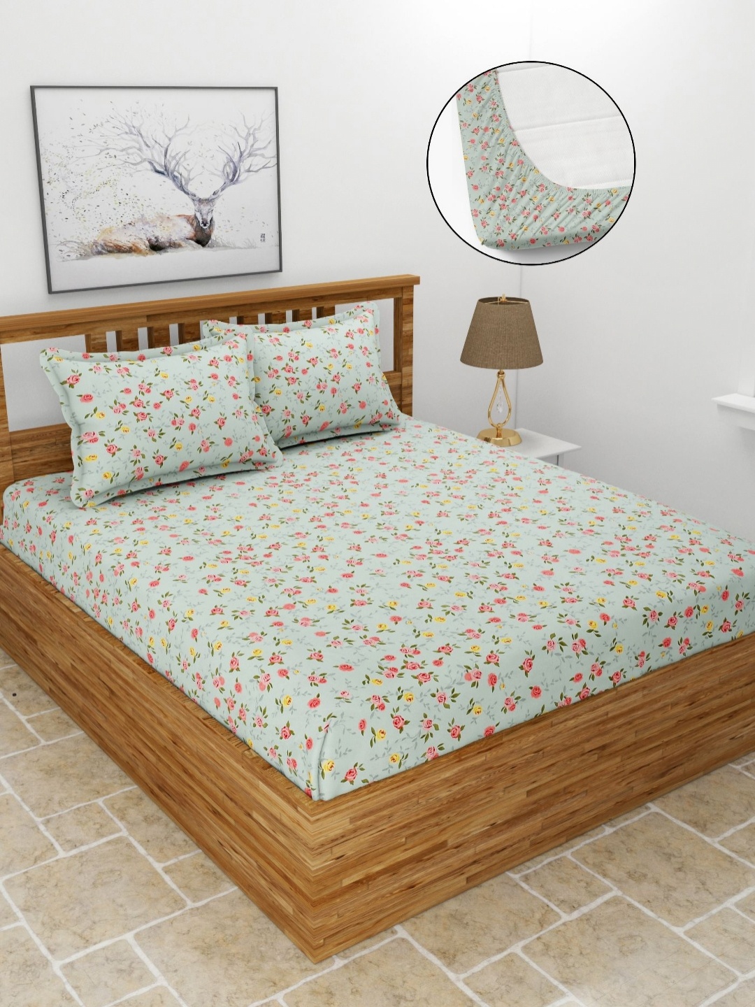 BREVARD Green Printed Cotton 210 TC Queen Bedsheet Set 1.98 m x 1.82 m
