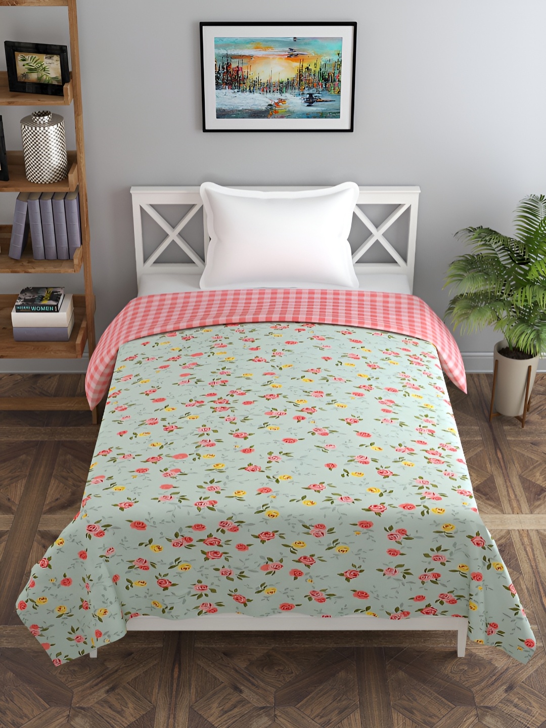 

BREVARD Green & Pink Floral Printed Reversible Glace Cotton Single Duvet Cover