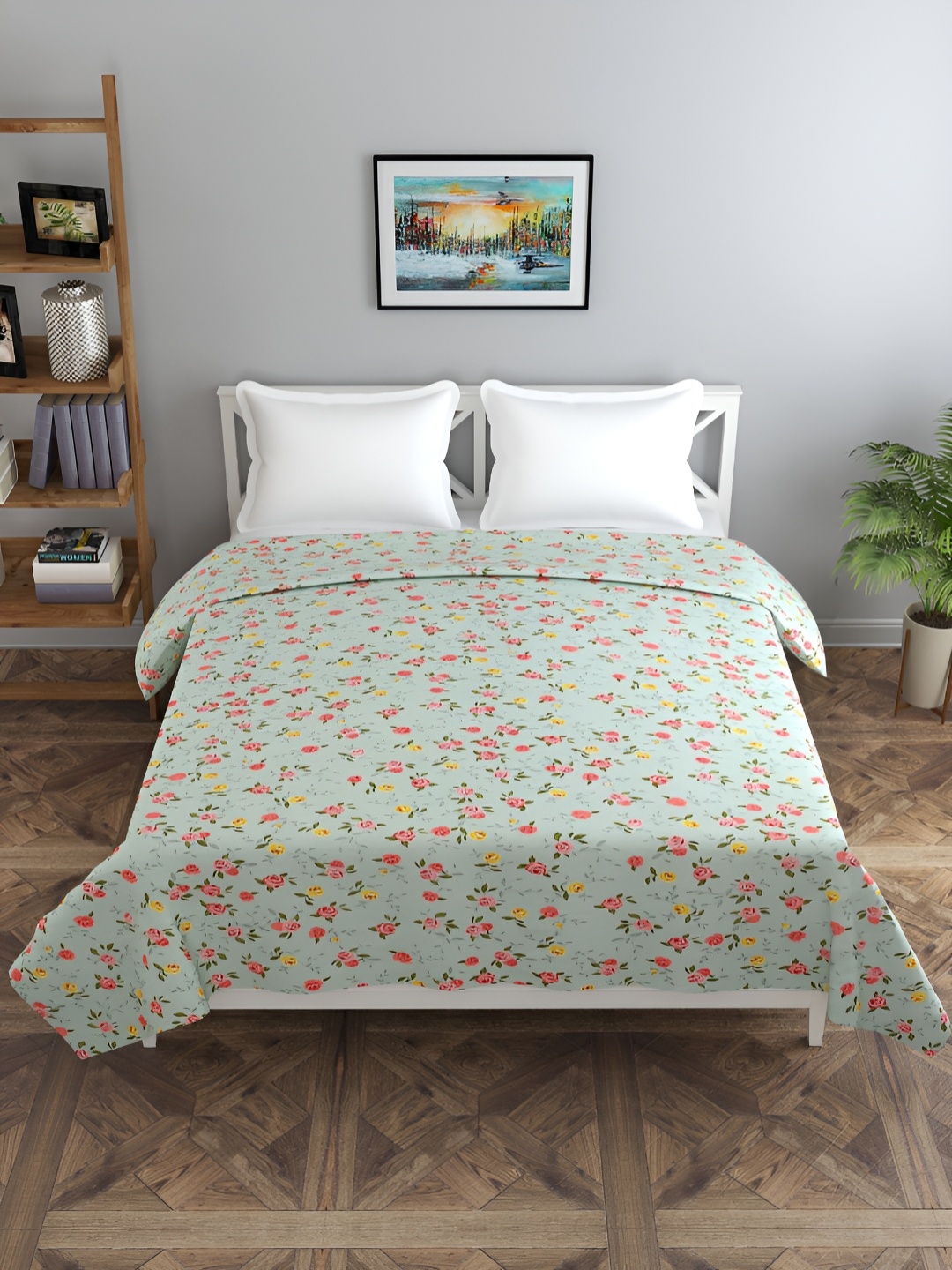 

BREVARD Green & Pink Floral Printed Glace Cotton Double Queen Duvet Cover