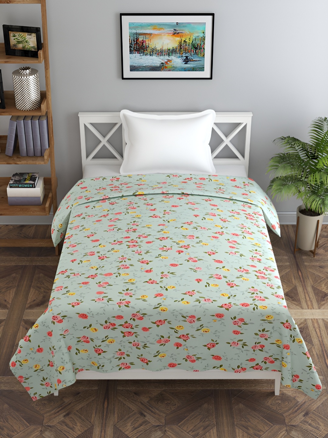 

BREVARD Green & Pink Floral Printed Cotton Single Duvet Cover