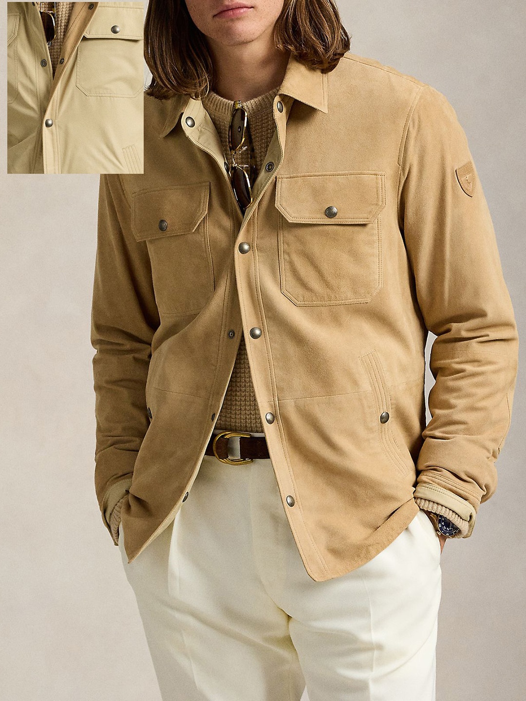 

Polo Ralph Lauren Men Reversible Suede-Taffeta Shacket, Beige