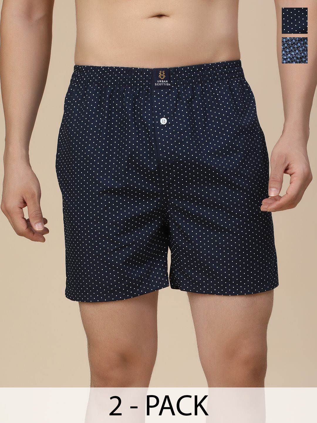 

URBAN SCOTTISH Men Pack of 2 Pure Cotton Printed Boxers With Side PocketsUSBX2558-S, Navy blue