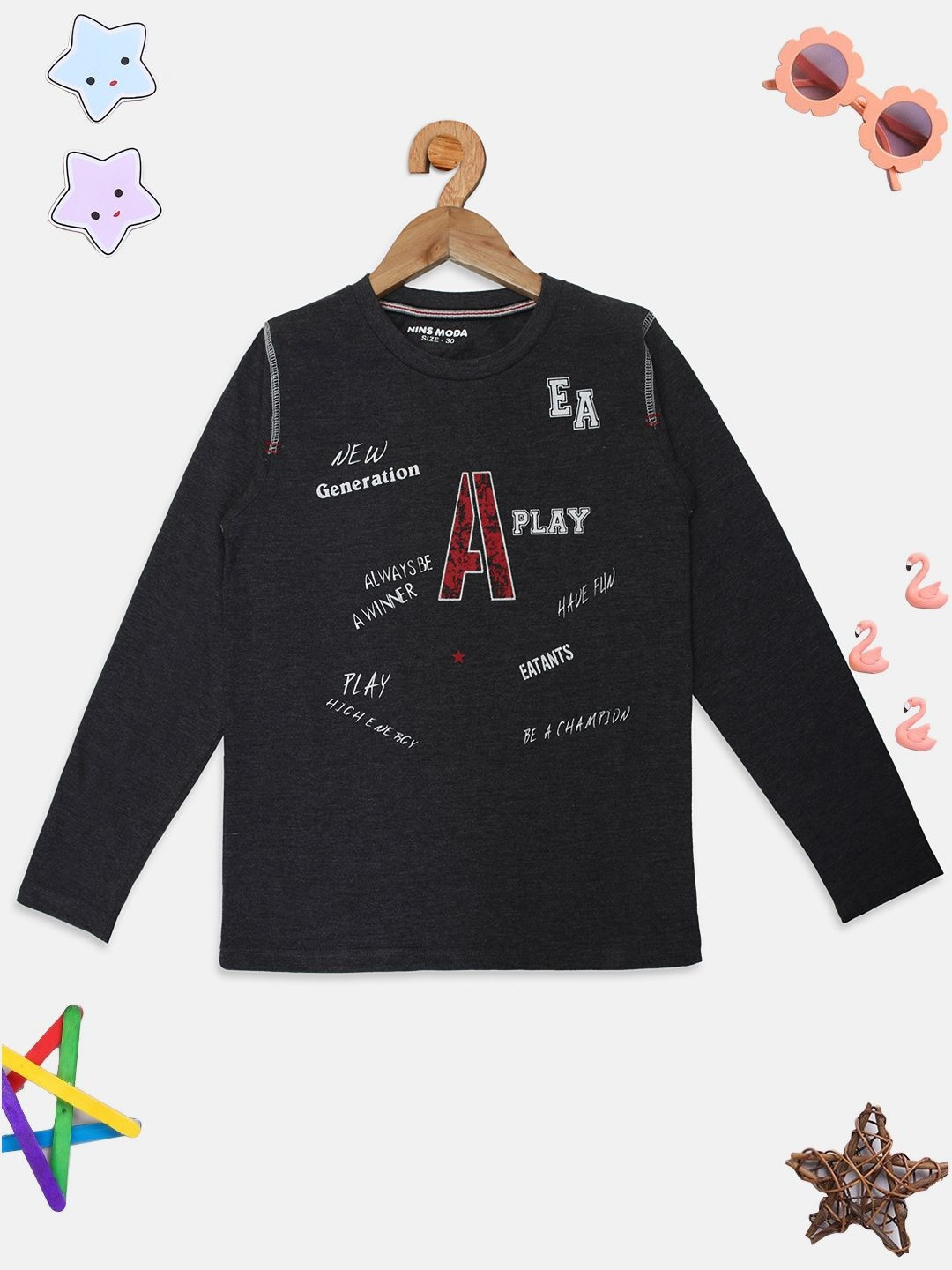 

PAMPOLINA Girls Typography Printed Long Sleeves Cotton T-shirt, Charcoal