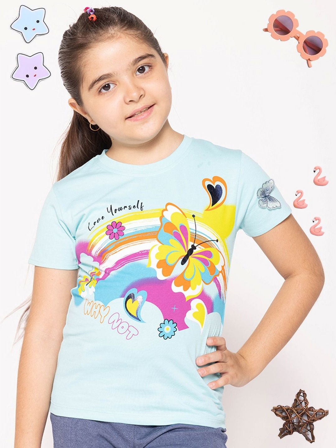 

PAMPOLINA Girls Graphic Printed Cotton Casual T-shirt, Turquoise blue
