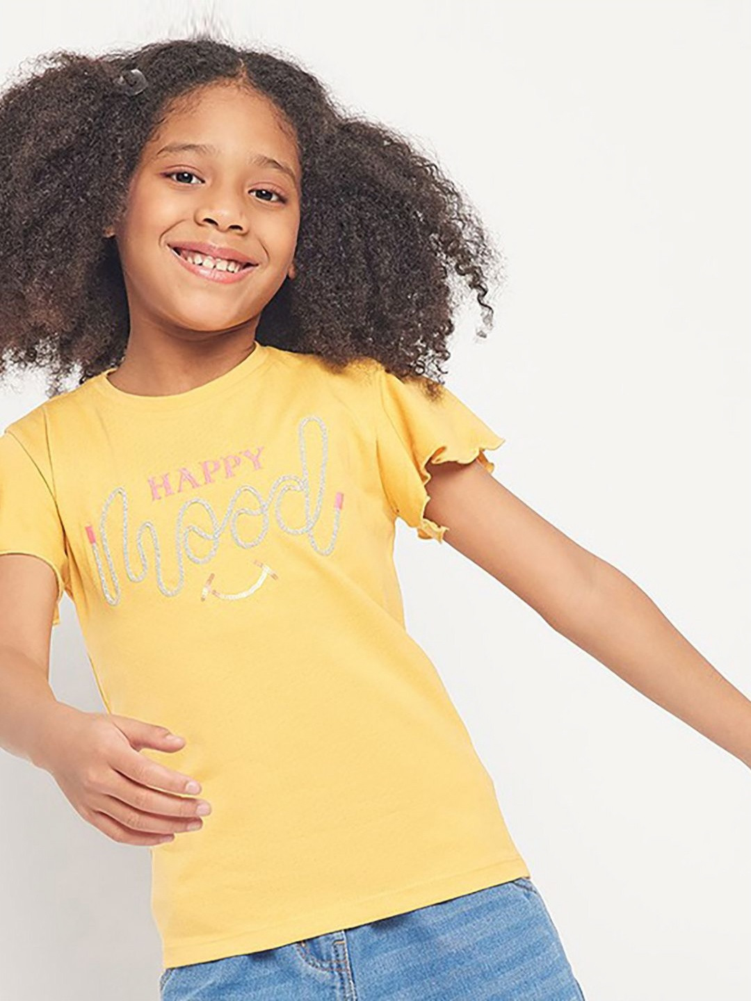 

PAMPOLINA Girls Typography Printed Cotton Casual T-shirt, Mustard