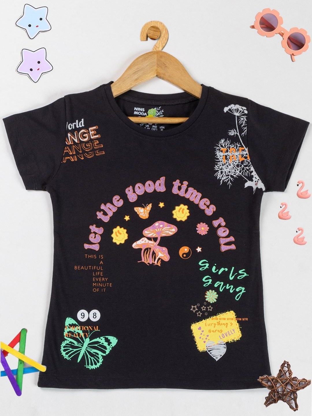 

PAMPOLINA Girls Graphic Printed Cotton Casual T-shirt, Black