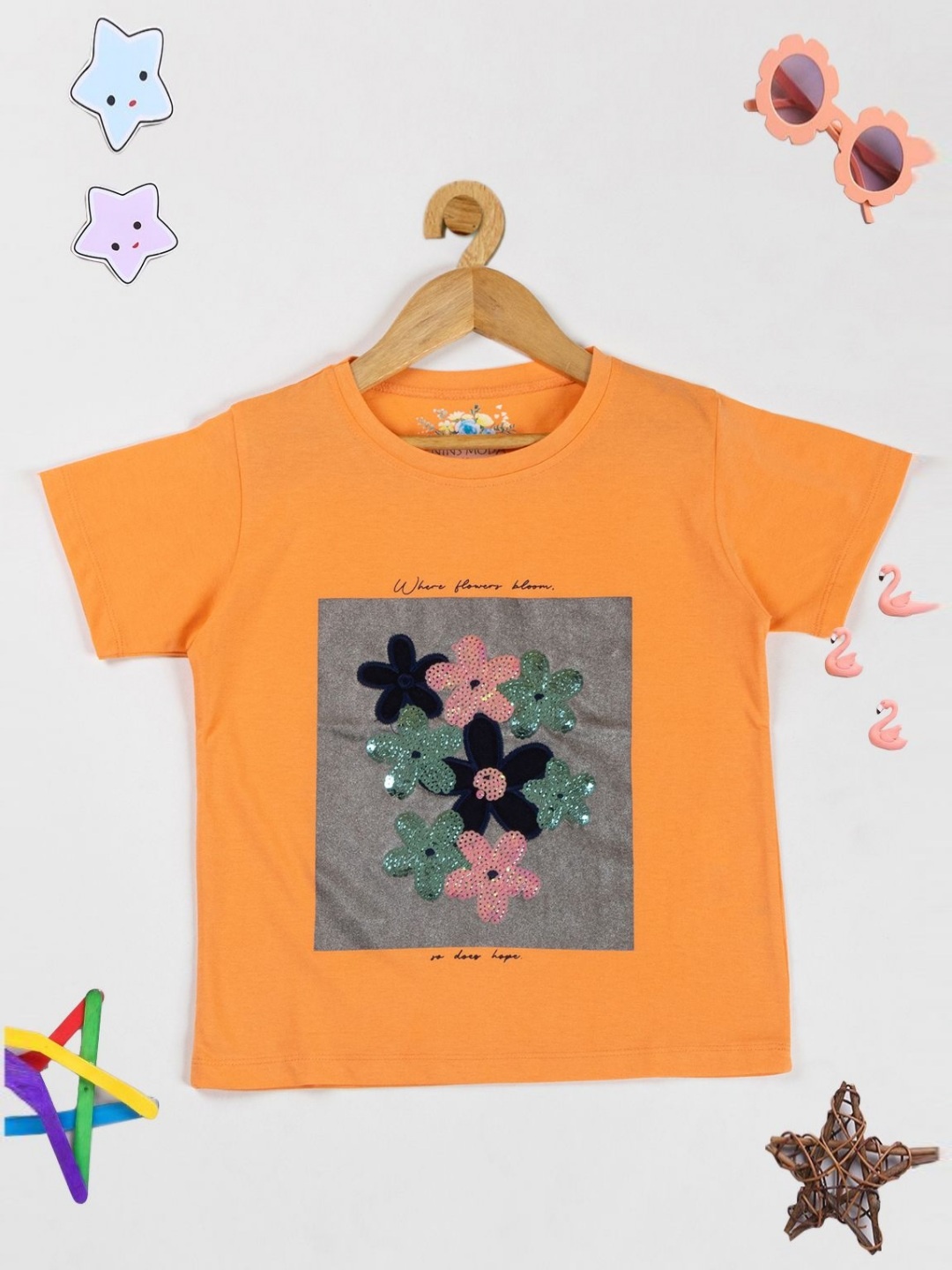

PAMPOLINA Girls Floral Printed Cotton Casual T-shirt, Orange