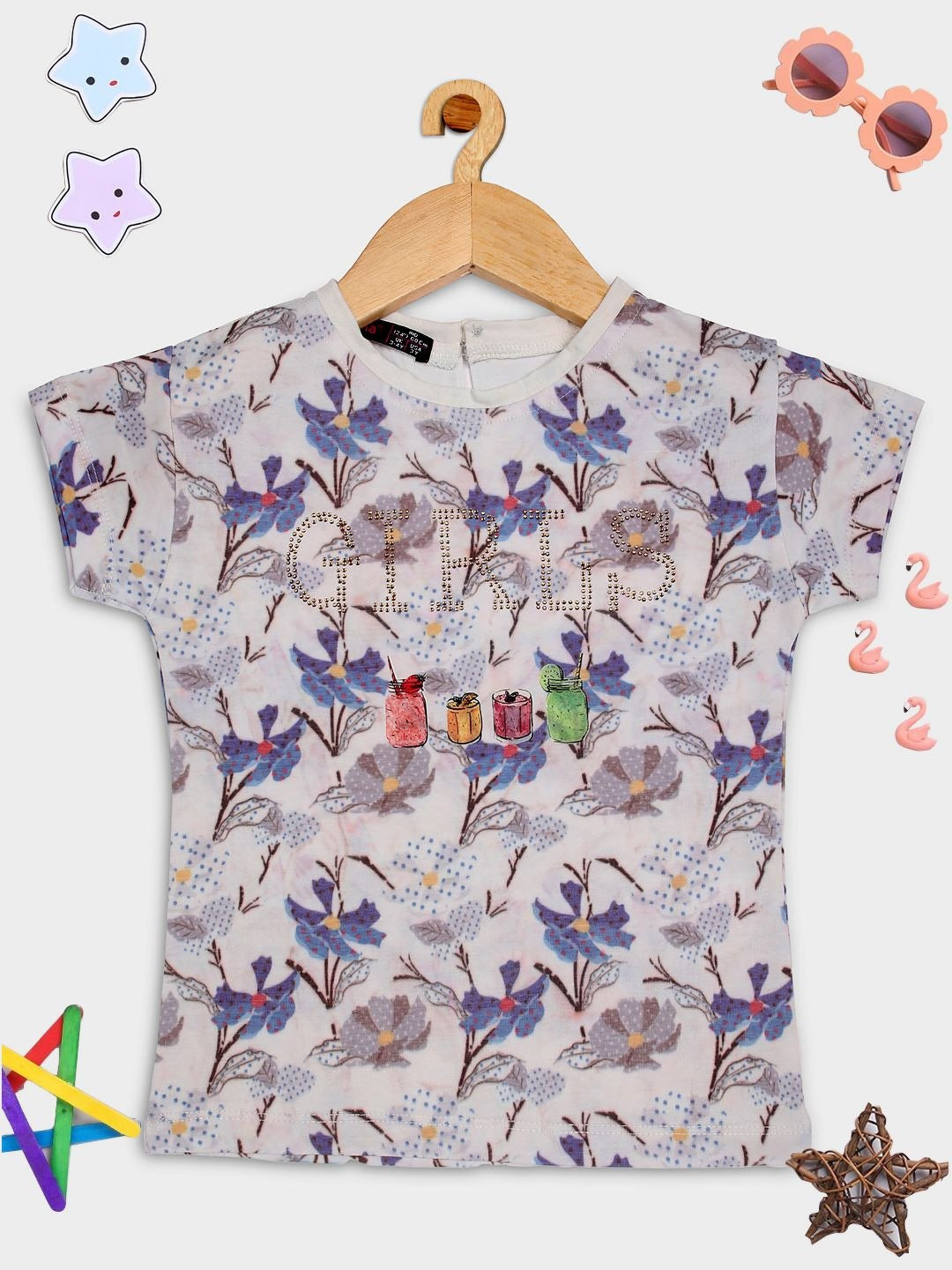 

PAMPOLINA Girls Floral Printed Cotton Casual T-shirt, White