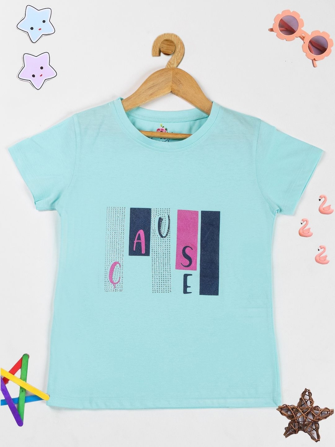 

PAMPOLINA Girls Typography Printed Cotton Casual T-shirt, Turquoise blue