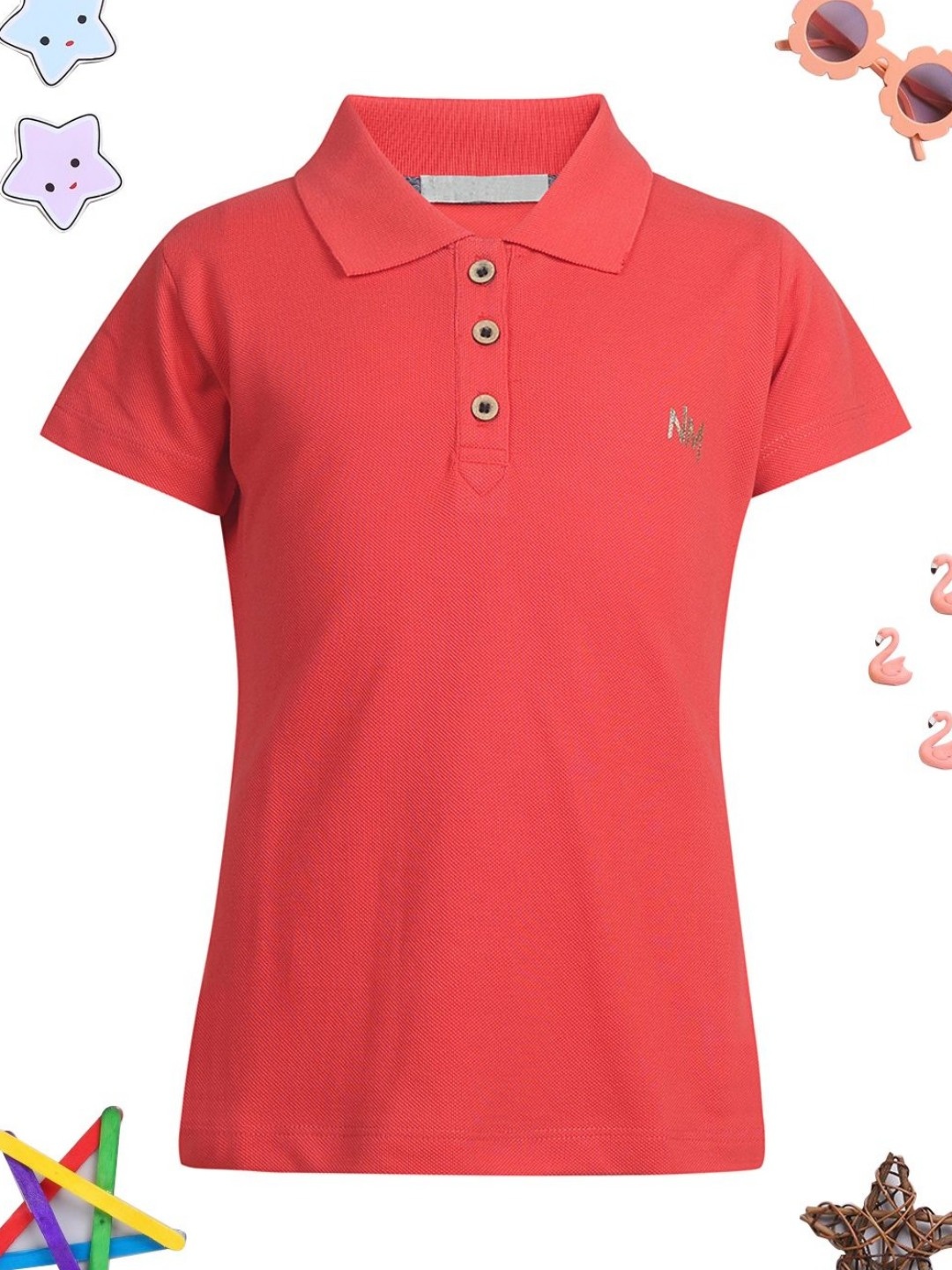 

PAMPOLINA Girls Typography Printed Polo Collar Cotton Casual T-shirt, Coral