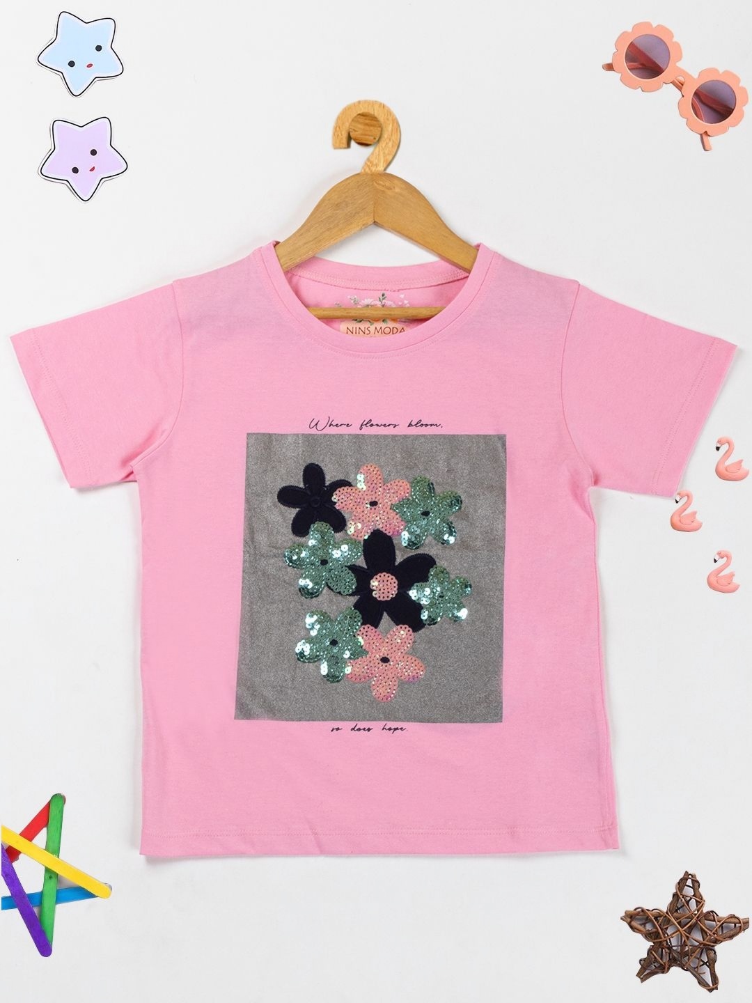 

PAMPOLINA Girls Floral Printed Cotton Casual T-shirt, Pink