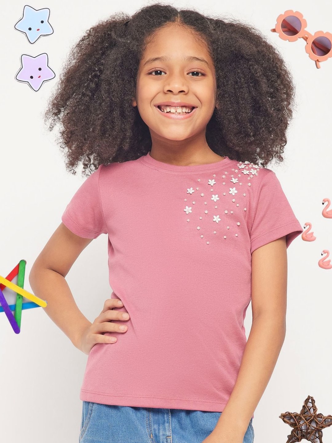 

PAMPOLINA Girls Solid Embellished Cotton Casual T-shirt, Pink