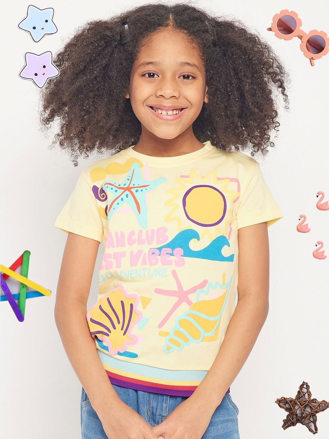 

PAMPOLINA Girls Graphic Printed Cotton Casual T-shirt, Yellow