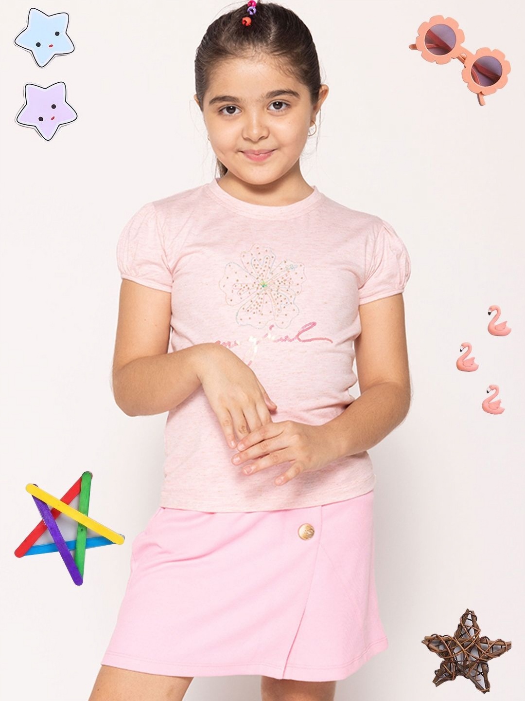

PAMPOLINA Girls Floral Printed Cotton Casual T-shirt, Pink