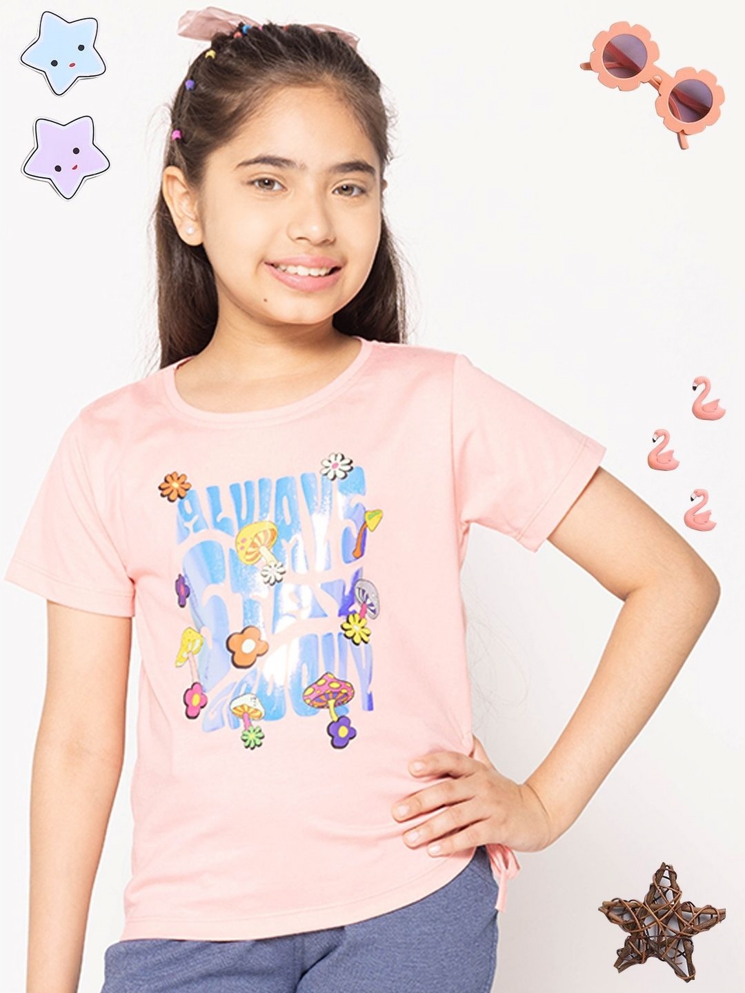 

PAMPOLINA Girls Graphic Printed Cotton Casual T-shirt, Peach