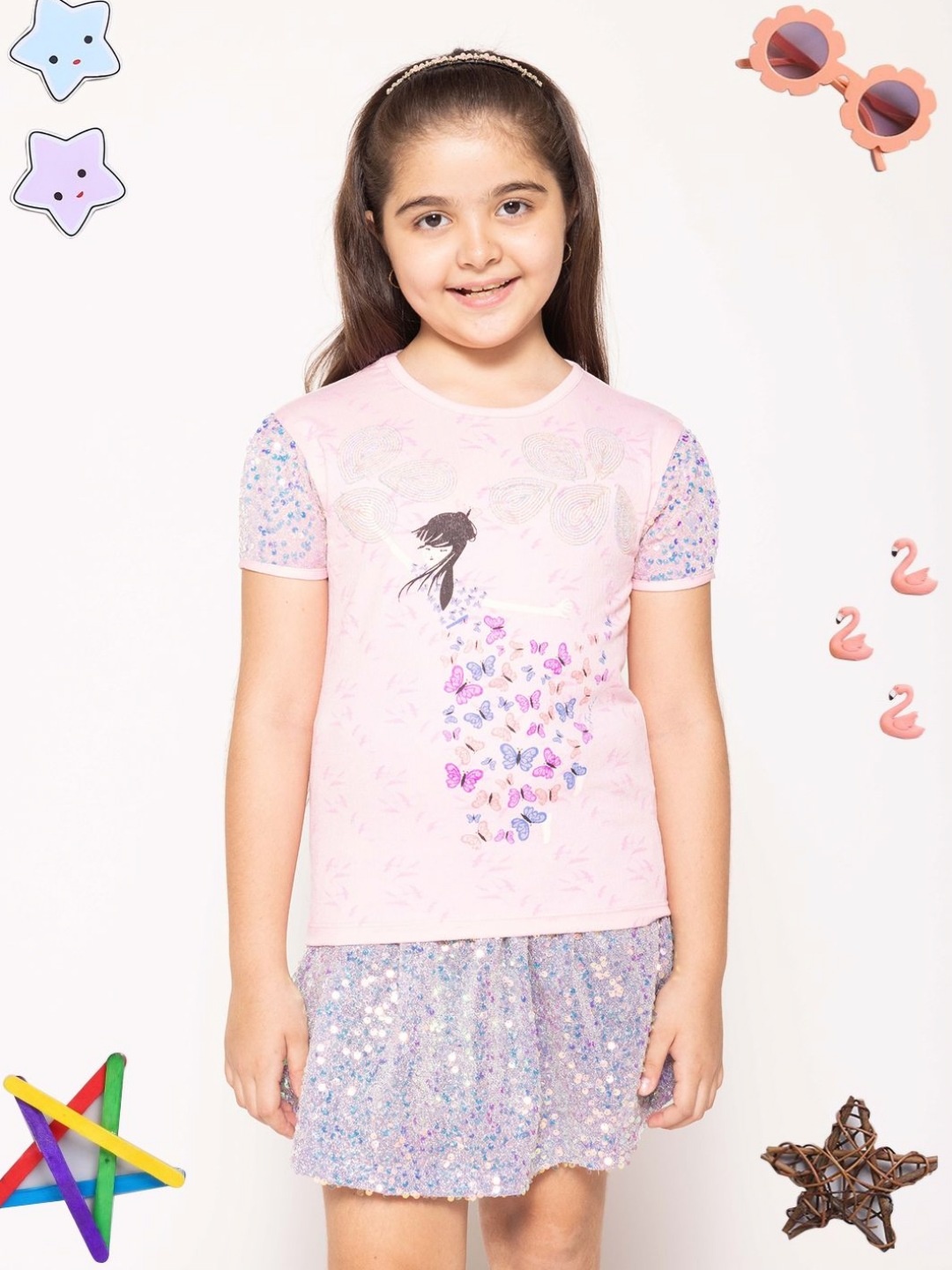 

PAMPOLINA Girls Graphic Printed Embellished Cotton Casual T-shirt, Pink