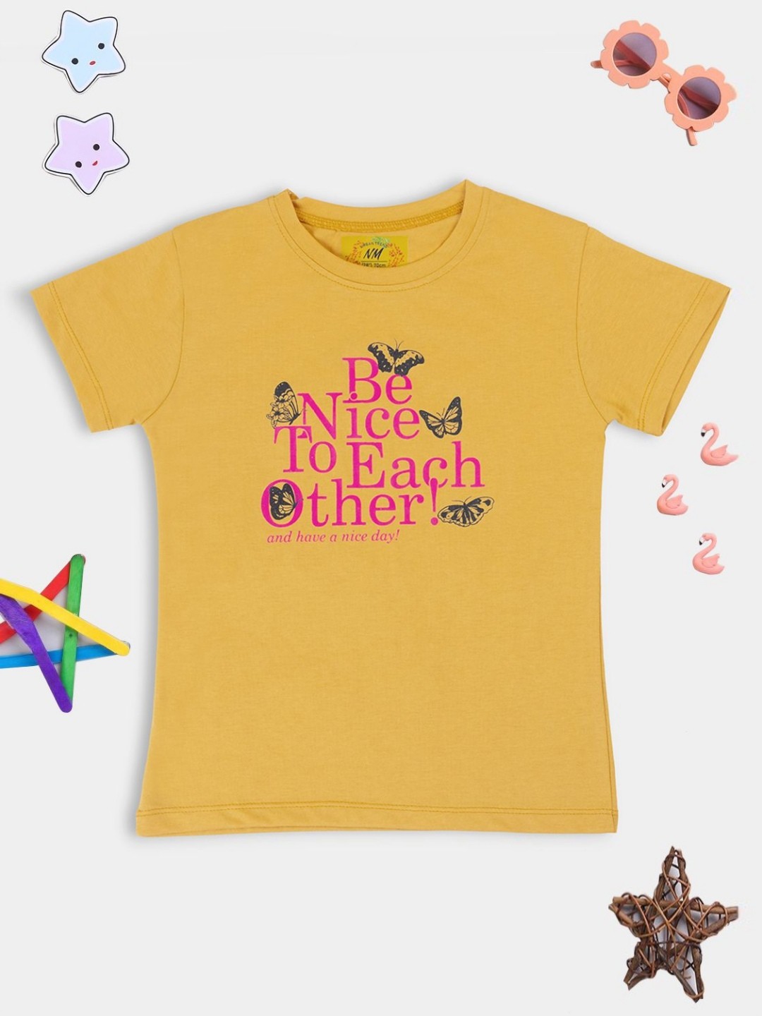 

PAMPOLINA Girls Graphic Printed Cotton Casual T-shirt, Mustard