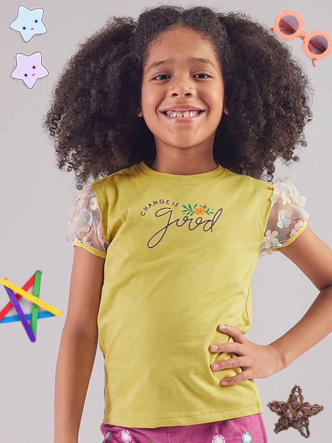 

PAMPOLINA Girls Typography Printed Puff Sleeves Cotton Casual T-shirt, Green