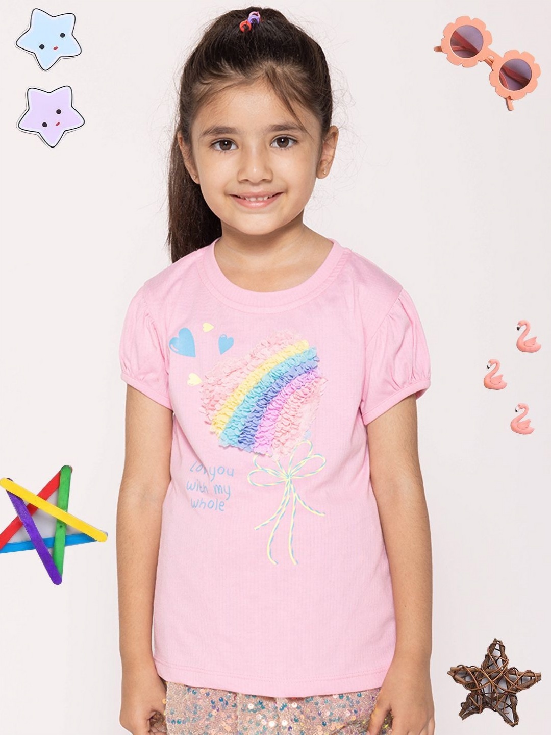 

PAMPOLINA Girls Typography Printed Round Neck Cotton T-shirt, Pink
