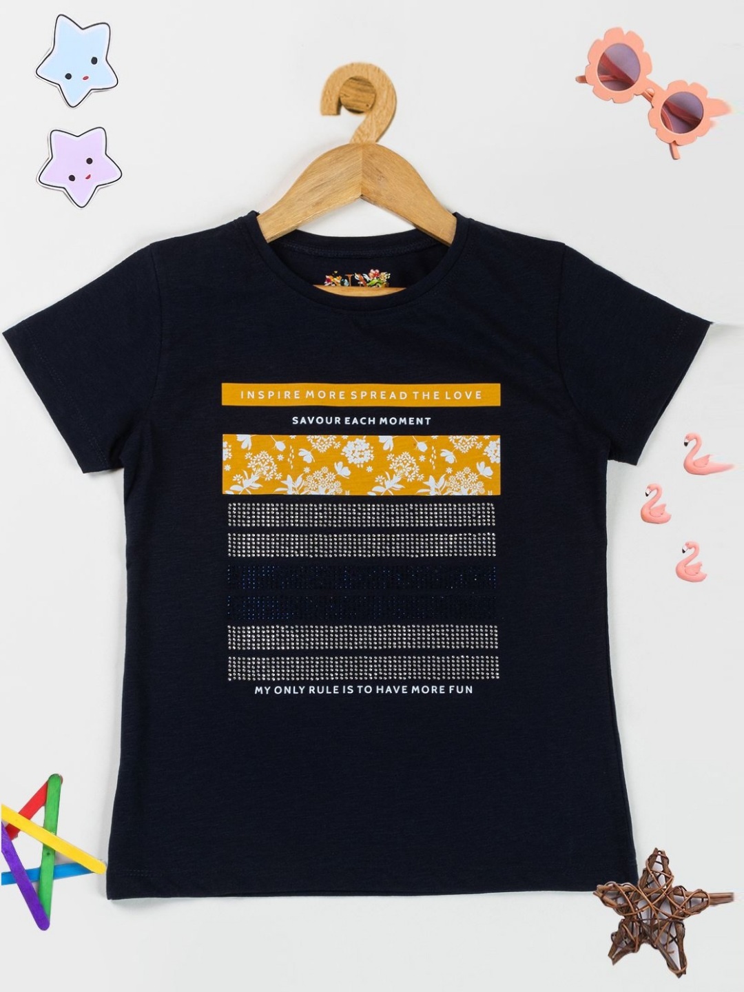 

PAMPOLINA Girls Graphic Printed Cotton Casual T-shirt, Navy blue