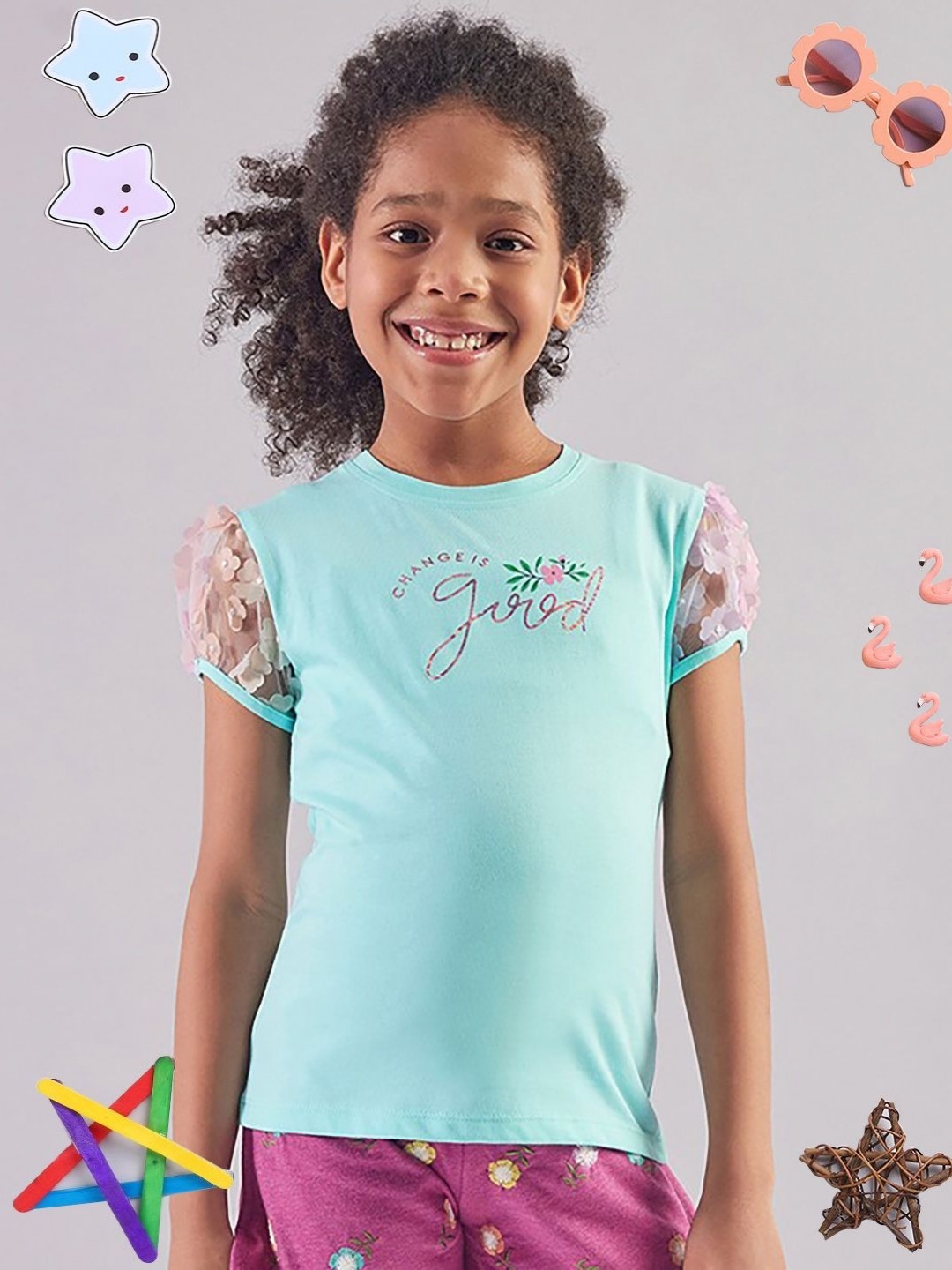 

PAMPOLINA Girls Typography Printed Puff Sleeves Cotton T-shirt, Turquoise blue