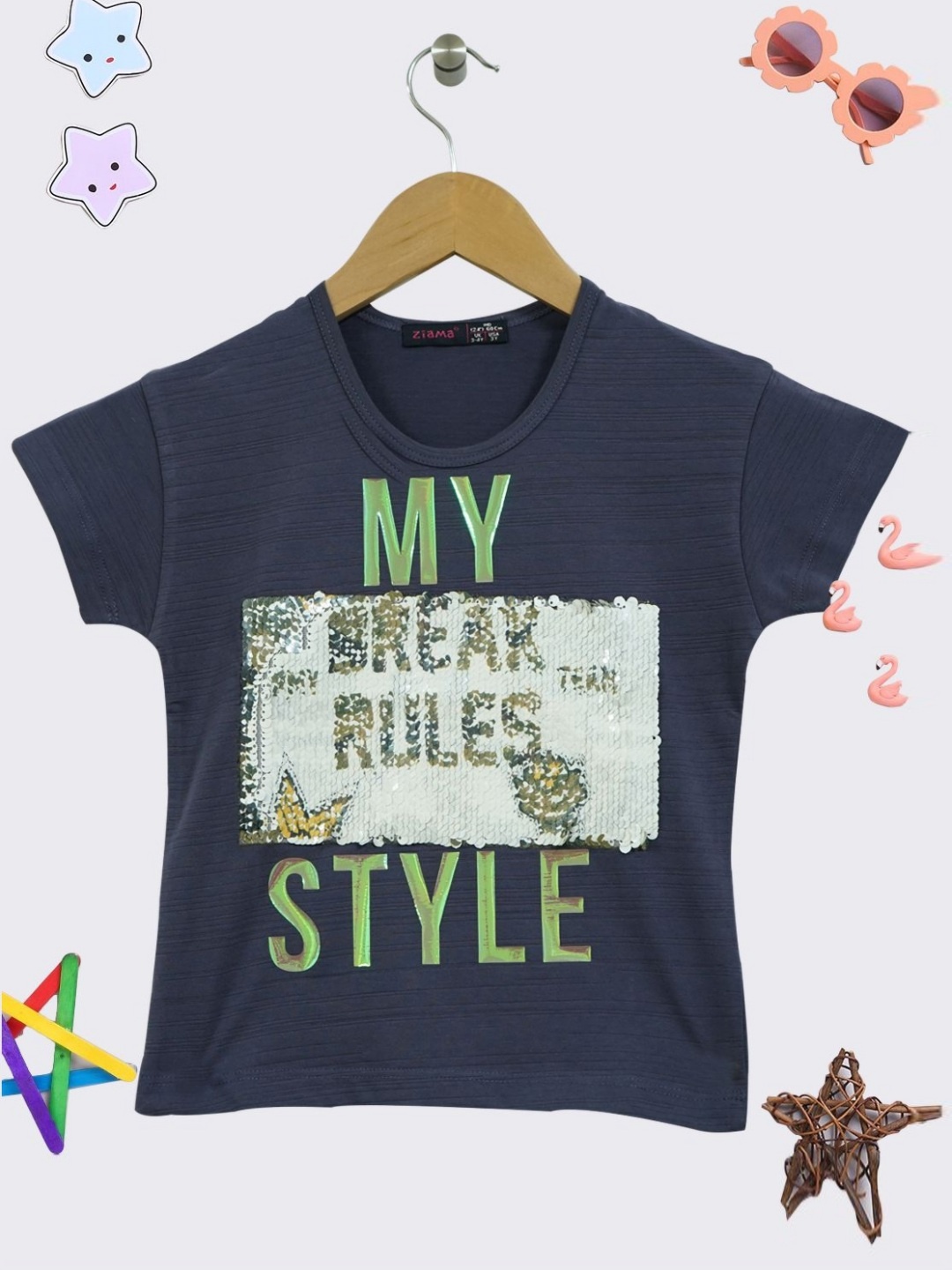 

PAMPOLINA Girls Typography Printed Embellished Cotton T-shirt, Navy blue