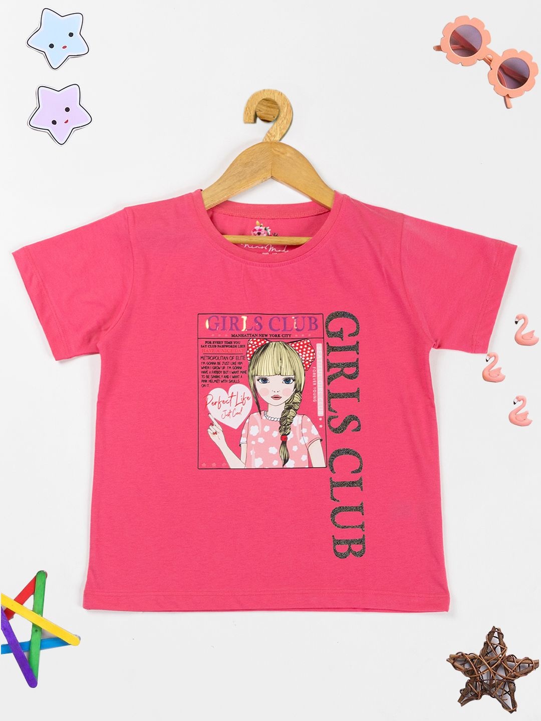 

PAMPOLINA Girls Graphic Printed Round Neck Pure Cotton T-shirt, Pink