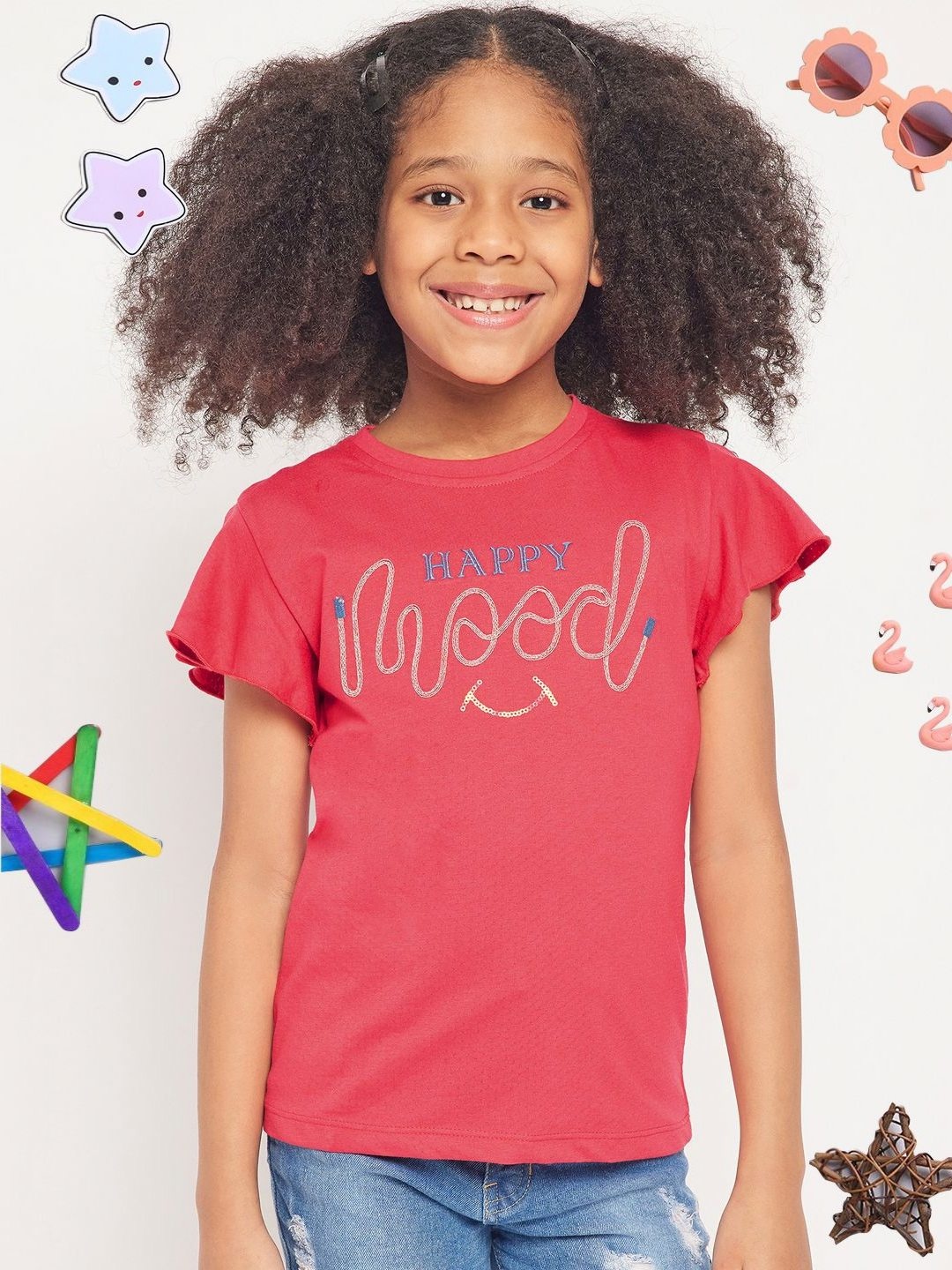 

PAMPOLINA Girls Typography Printed Embroidered Cotton T-shirt, Red