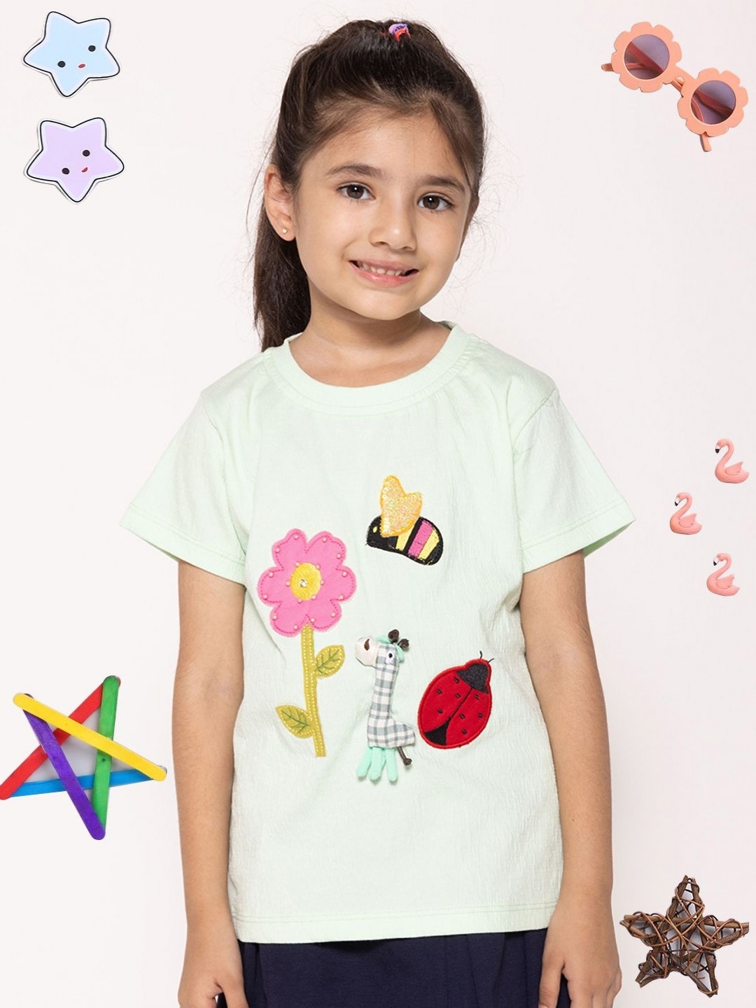 

PAMPOLINA Girls Graphic Printed Applique Cotton T-shirt, Sea green