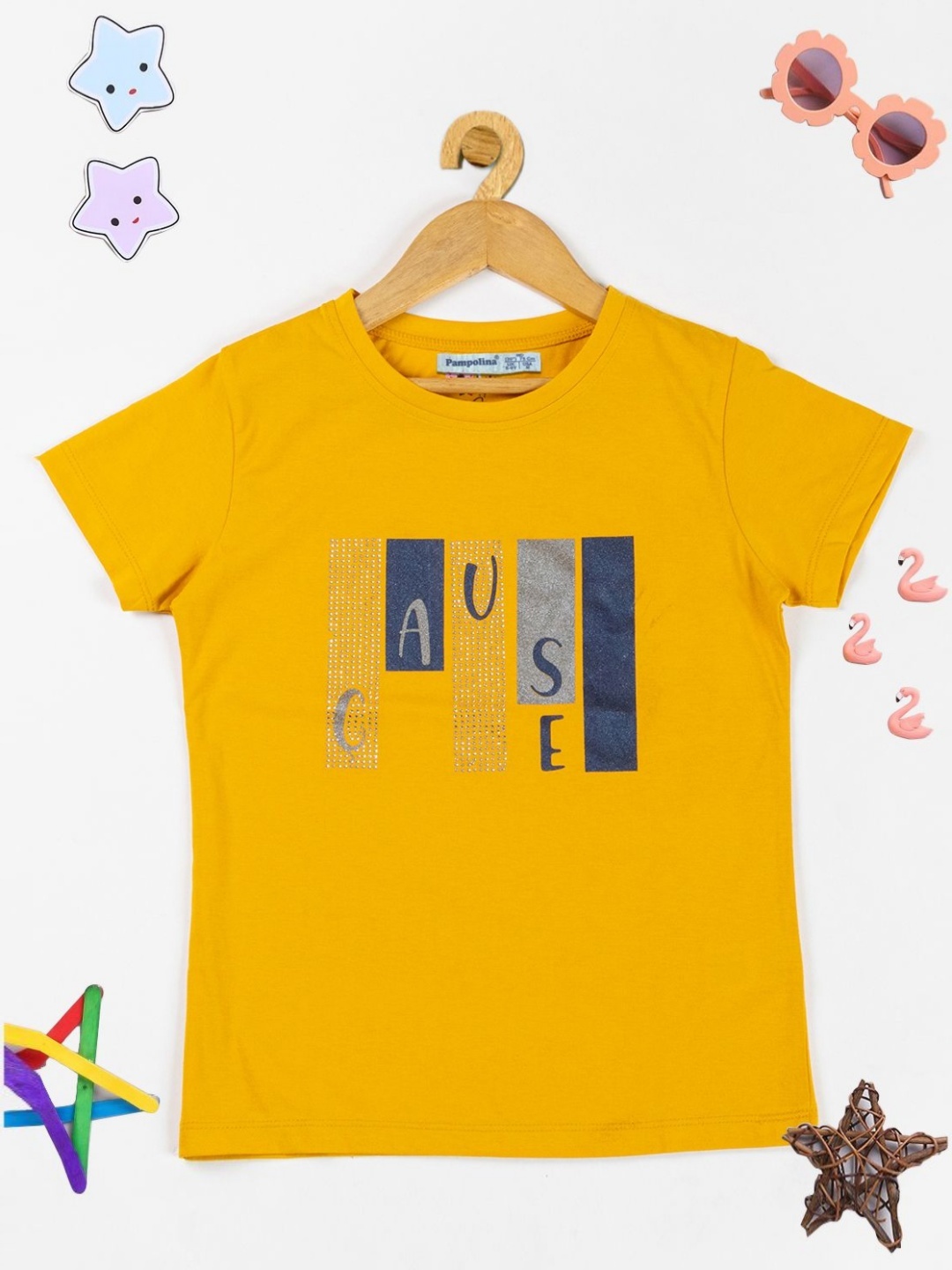 

PAMPOLINA Girls Typography Printed Embellished Cotton T-shirt, Mustard