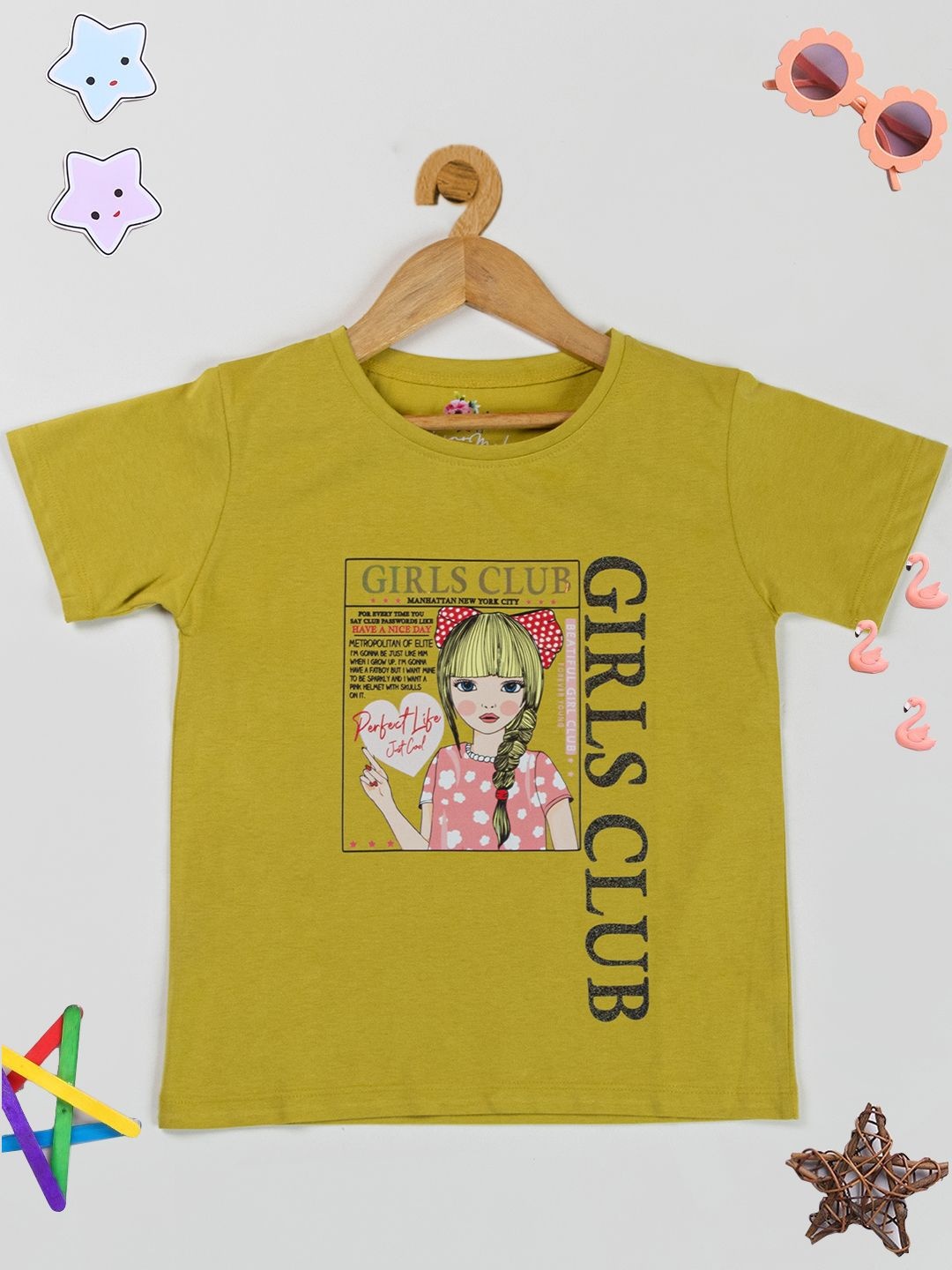 

PAMPOLINA Girls Graphic Printed Cotton T-shirt, Olive