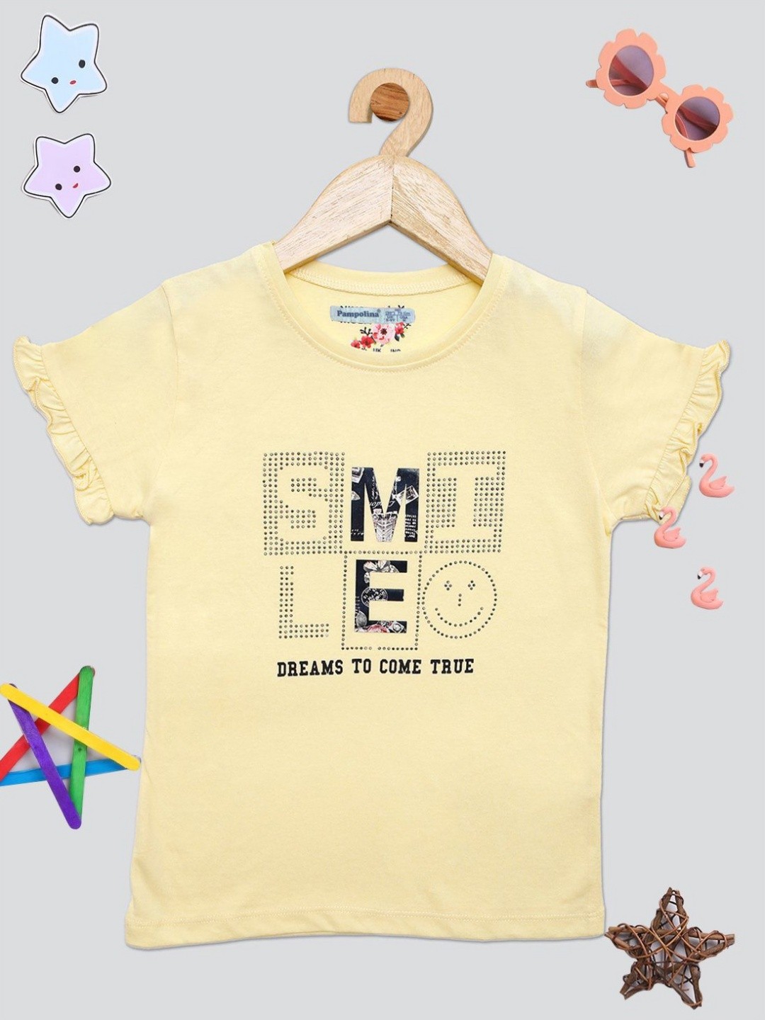 

PAMPOLINA Girls Typography Printed Applique Cotton T-shirt, Yellow