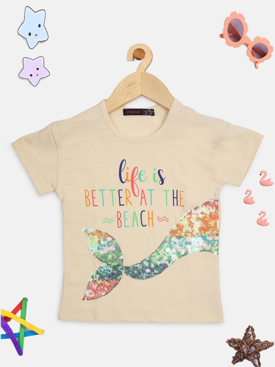 

PAMPOLINA Girls Typography Printed Applique Cotton T-shirt, Khaki