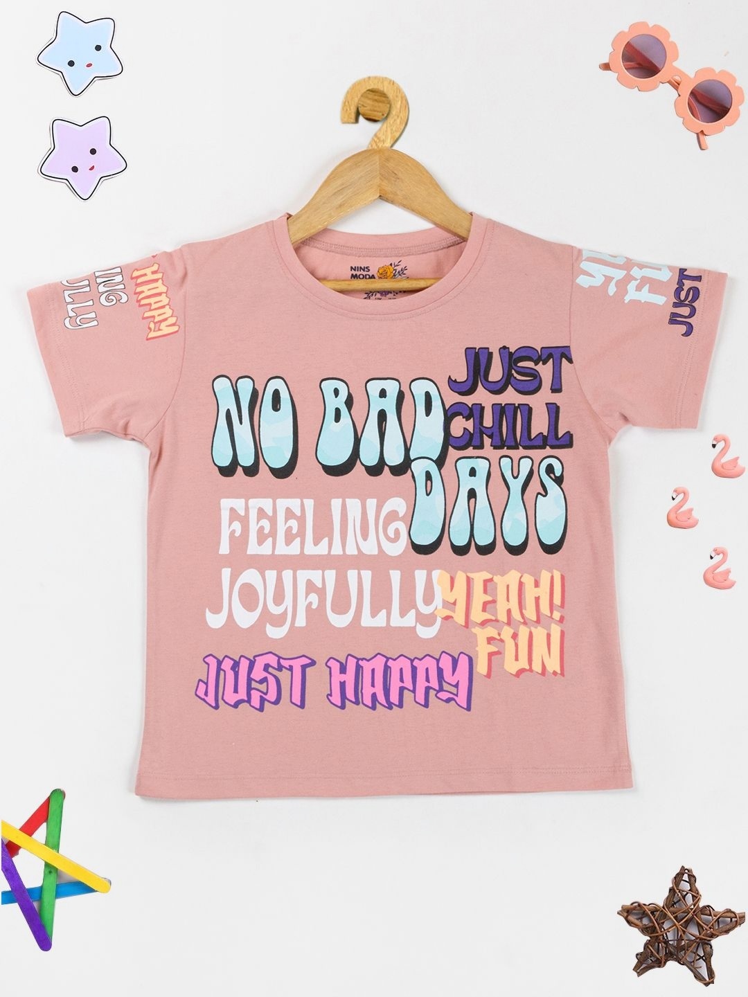 

PAMPOLINA Girls Typography Printed Cotton T-shirt, Peach