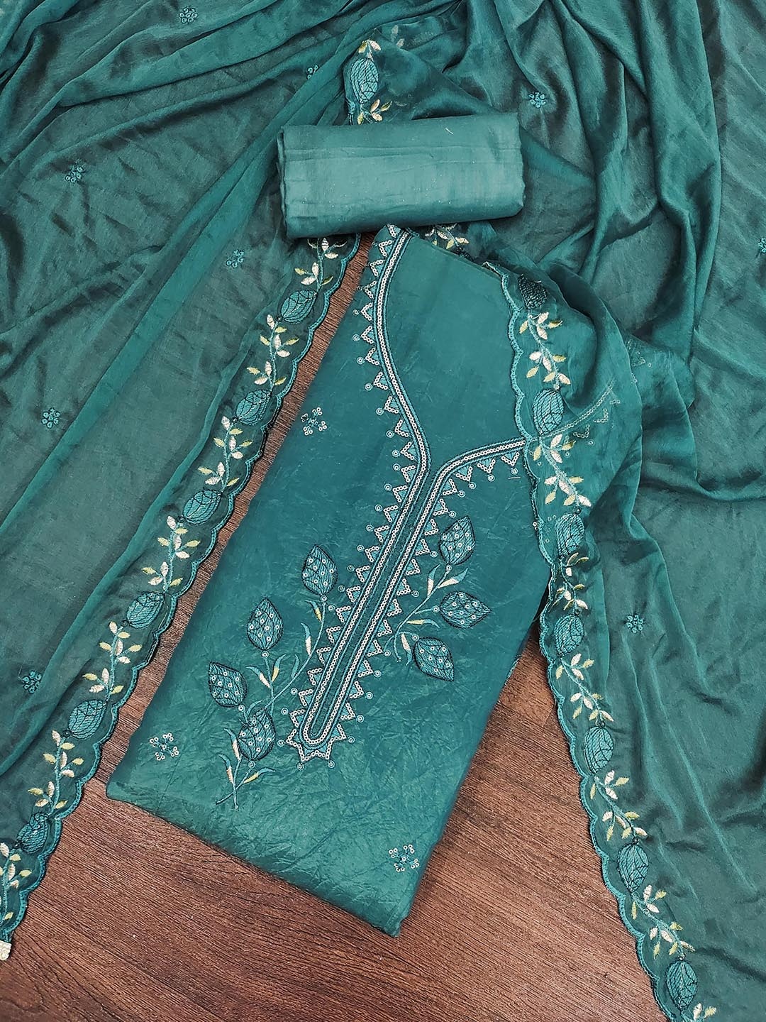 

MANVAA Floral Embroidered Sequinned Unstitched Dress Material, Sea green